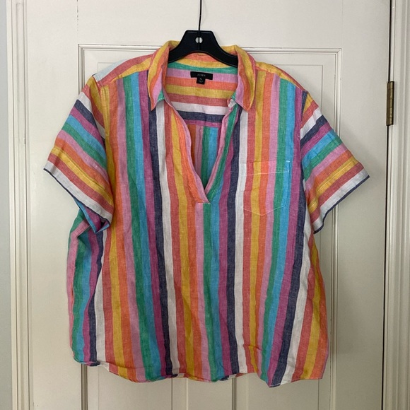 J. Crew Tops - J Crew linen popover shirt in rainbow colors 🌈